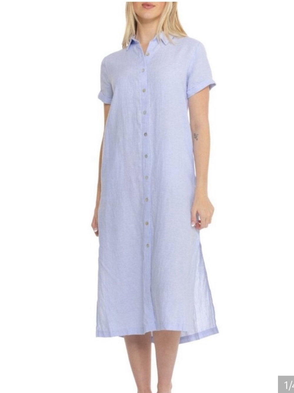 C&C California Linen Midi Shirt-Dress Sz S w MEASUREMENTS w Side Slits, Pockets